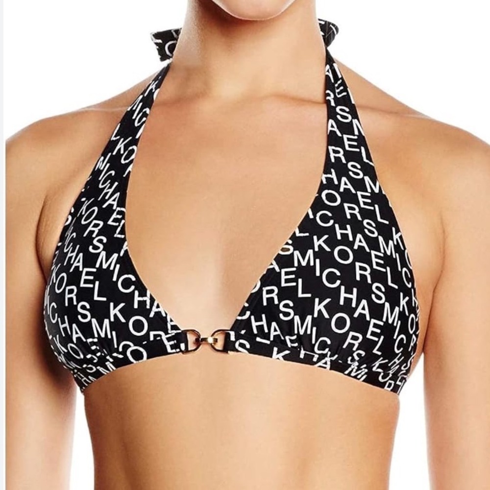 Michael Kors Navy White Logo Print Halter Triangle Bikini Top Gold Hardware L